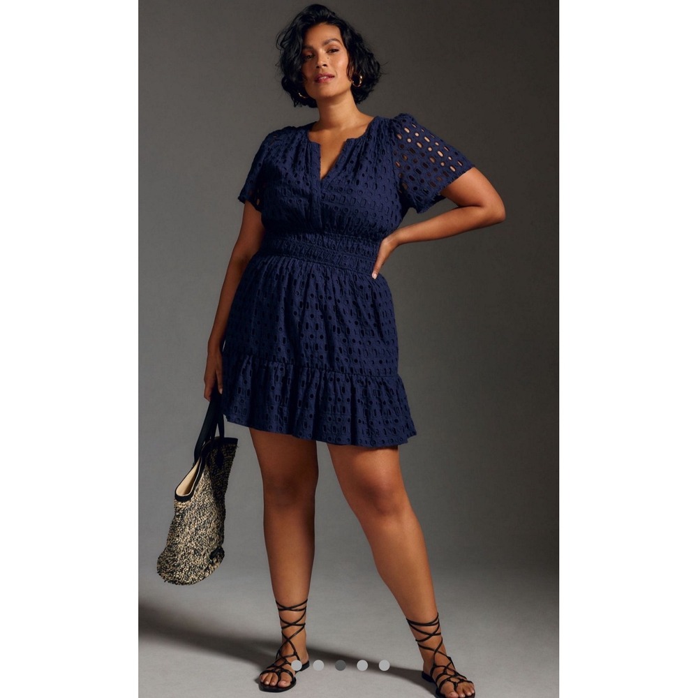 Anthropologie Somerset Eyelet Mini Dress Navy Blue Smocked
